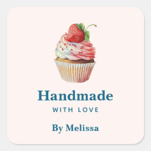 Handmade with Love Strawberry Cupcake Dessert Square Sticker