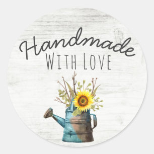 Handmade With Love Sunflower Floral & Rustic Wood Classic Round Sticker