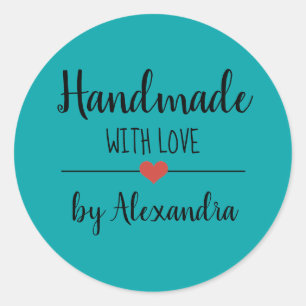 Handmade with love teal script classic round sticker