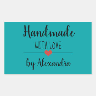 Handmade with love teal script name sticker