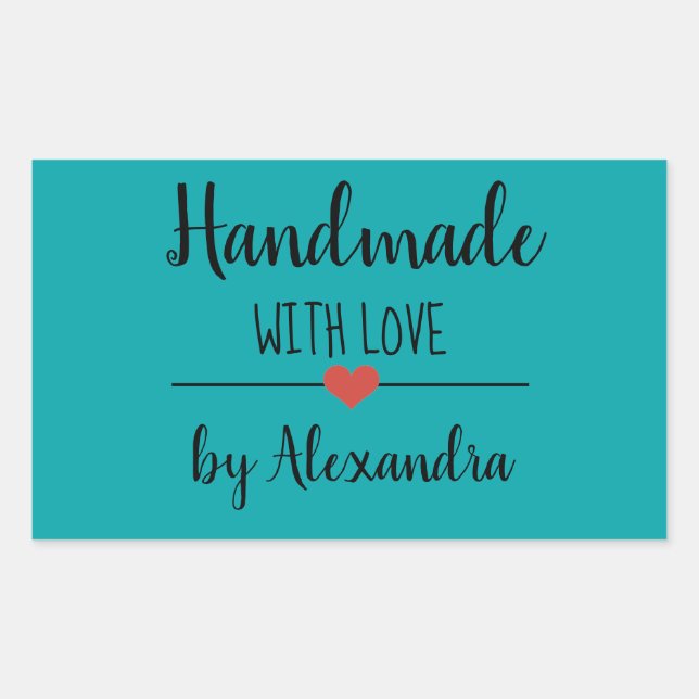 Handmade with love teal script name sticker (Front)