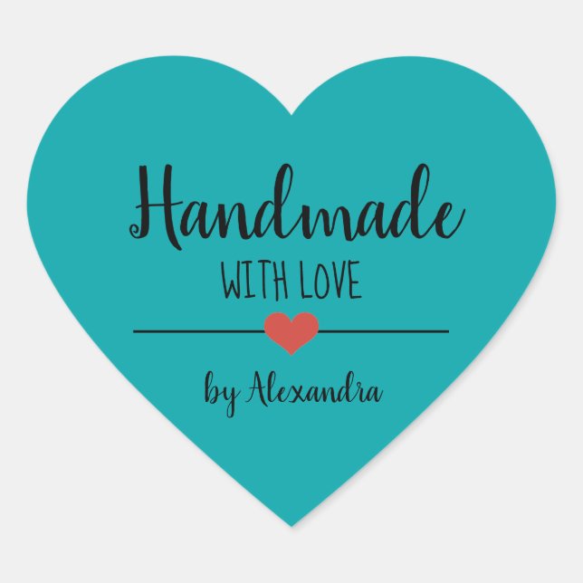 Handmade with love teal script personalized  heart sticker (Front)
