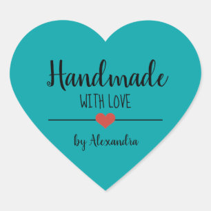 Handmade with love teal script personalized  heart sticker