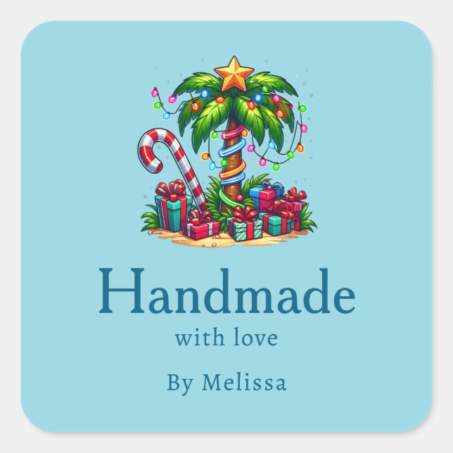 Handmade with Love Tropical Christmas Palm Tree Square Sticker (Front)