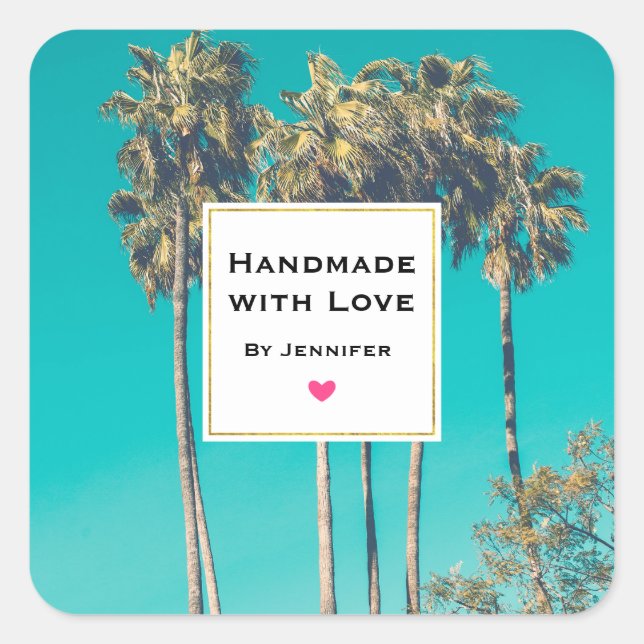 Handmade with Love Tropical Palm Trees Retro Square Sticker (Front)