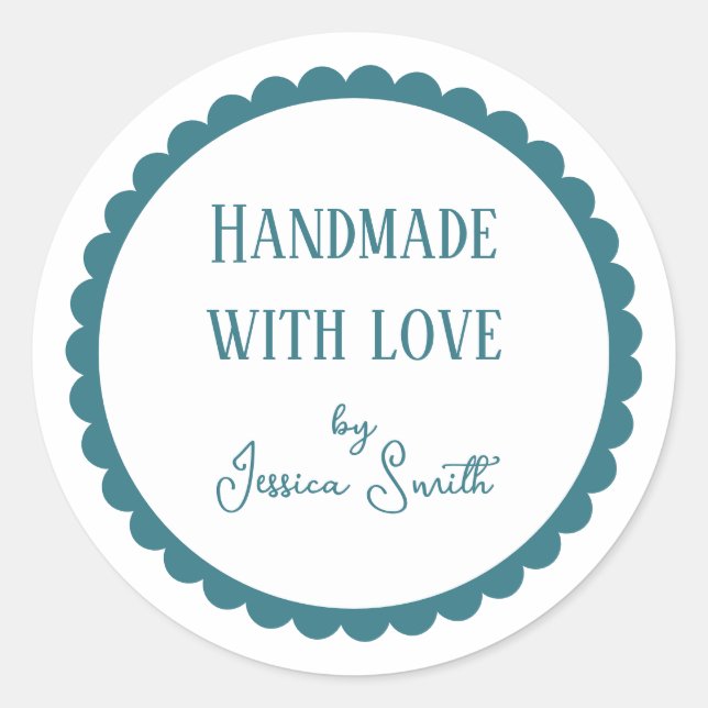 Handmade with Love Turquoise Craft Business Classic Round Sticker (Front)