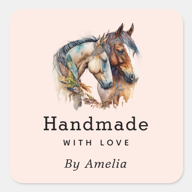 Handmade with Love Two Beautiful Horses Western Square Sticker (Front)