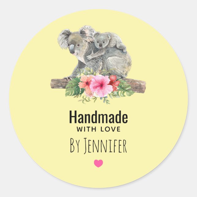 Handmade with Love Watercolor Koala bears Classic Round Sticker (Front)