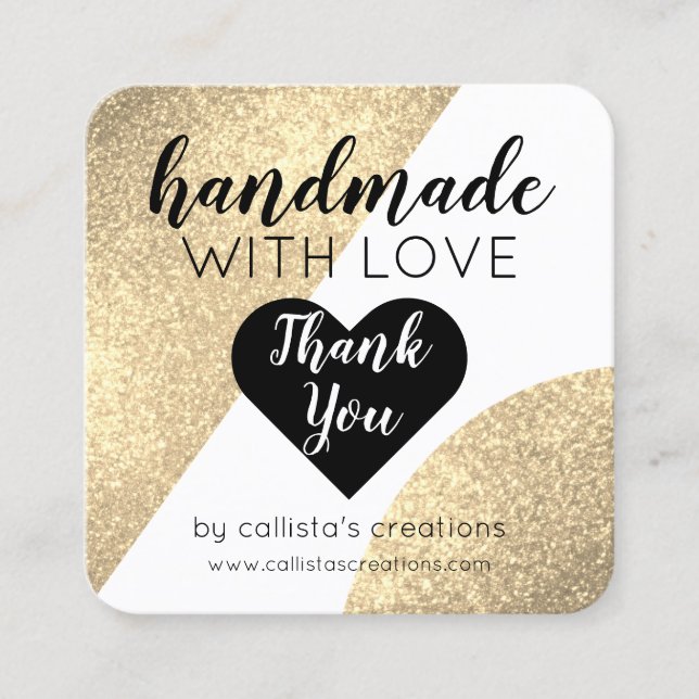 Handmade With Love White Gold Glitter Geo Heart Square Business Card (Front)