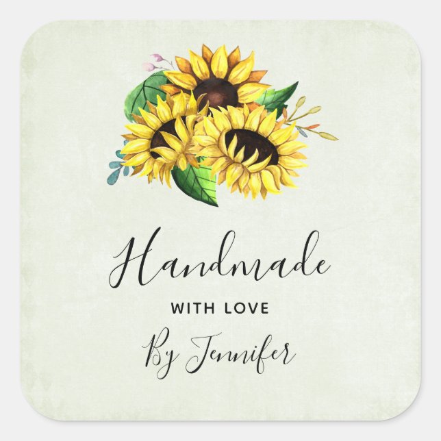 Handmade with Love Yellow Sunflower Bouquet Square Sticker (Front)