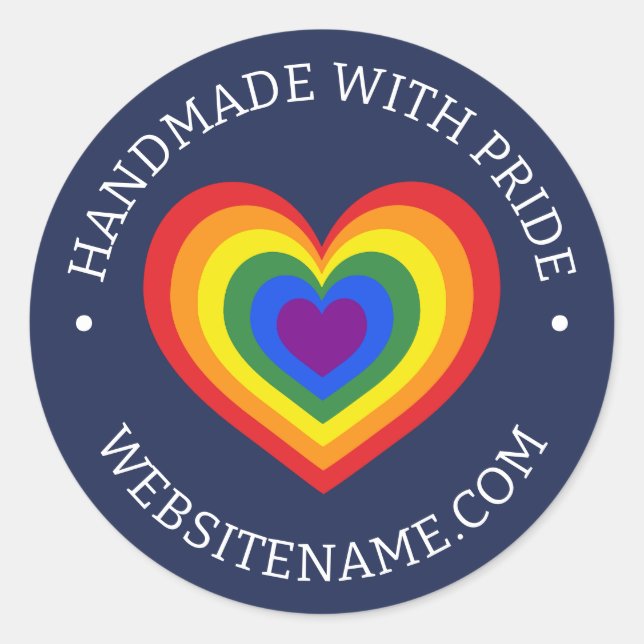 Handmade With Pride LGBTQ Rainbow Heart URL Navy Classic Round Sticker (Front)