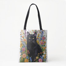 Handpainted Black Cat & Floral Embroidery Art