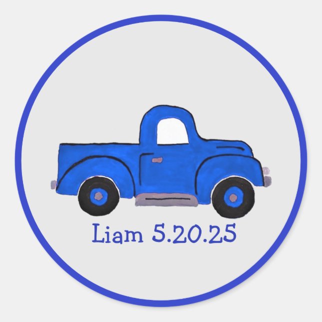 Handpainted Blue Truck Art, Can Be Personalized Classic Round Sticker (Front)