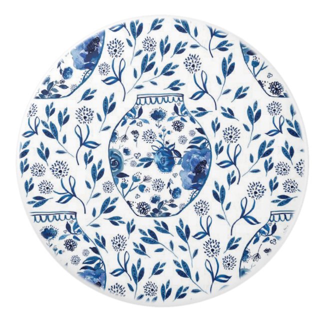Handpainted Blue & White Chinoiserie Floral Style Ceramic Knob (Front)