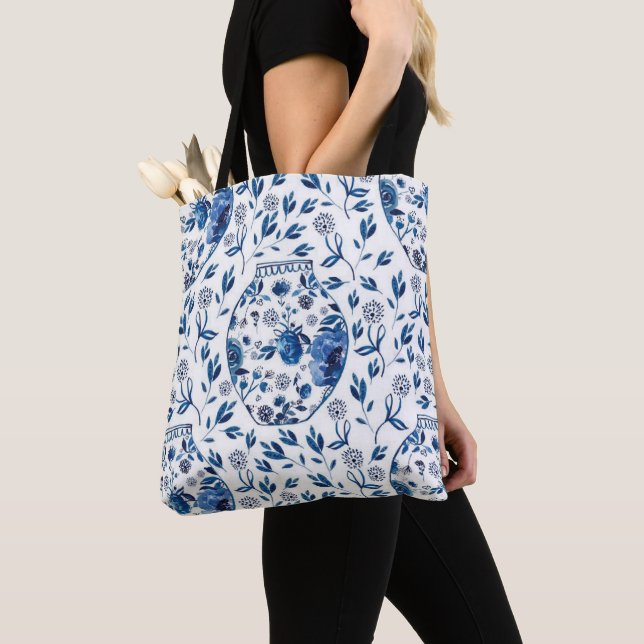 Handpainted Blue & White Chinoiserie Floral Style Tote Bag (Close Up)