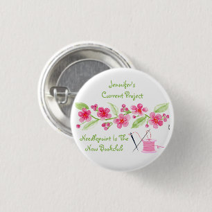 Handpainted Cherry Blossom Needlepoint 1 Inch Round Button