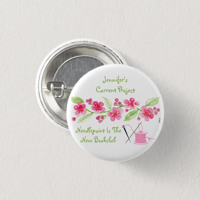 Handpainted Cherry Blossom Needlepoint  1 Inch Round Button (Front & Back)