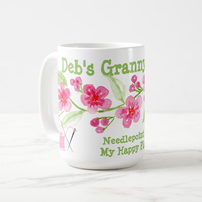 Handpainted Cherry Blossoms Granny Needlepoint Coffee Mug (Front Left)