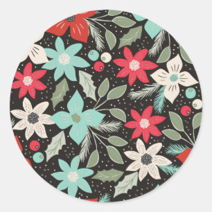 Handpainted Christmas Poinsettia Red White Aqua Classic Round Sticker