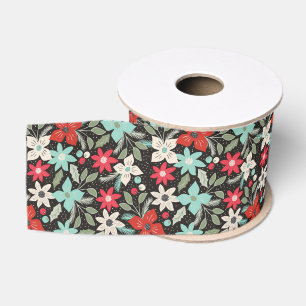 Handpainted Christmas Poinsettia Red White Aqua Grosgrain Ribbon