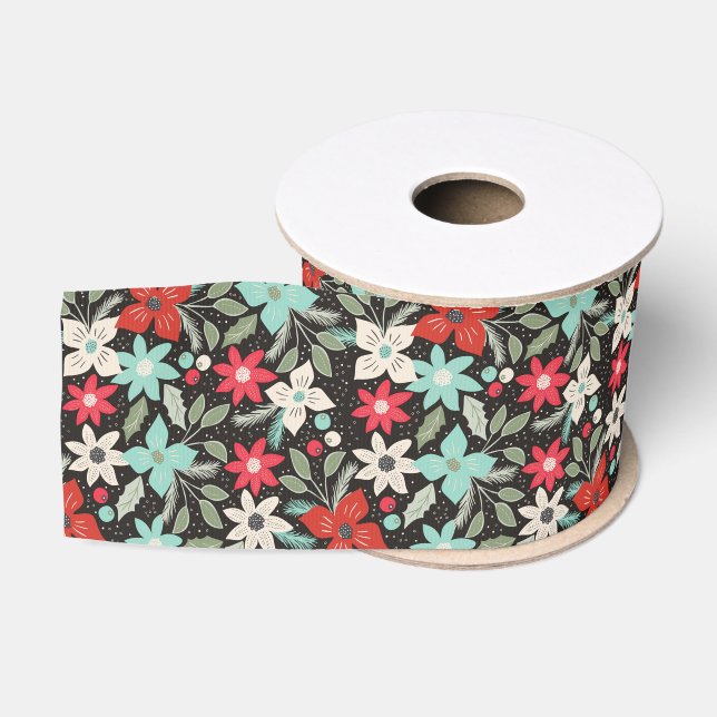 Handpainted Christmas Poinsettia Red White Aqua Grosgrain Ribbon (Spool)