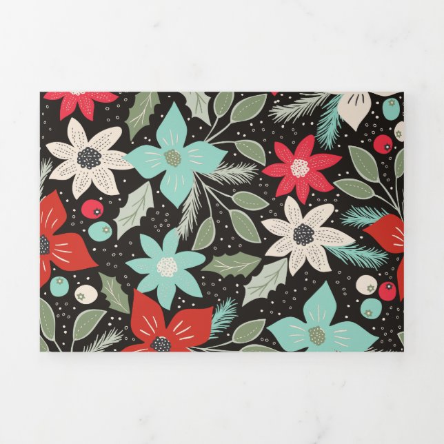 Handpainted Christmas Poinsettia Red White Aqua Tri-Fold Holiday Card (Cover)