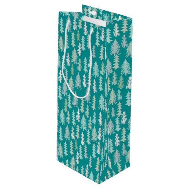 Handpainted Christmas Trees Aqua White Blue Teal Wine Gift Bag (Front Angled)
