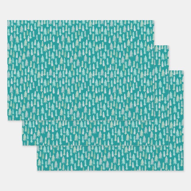 Handpainted Christmas Trees Aqua White Blue Teal Wrapping Paper Sheet (Set)