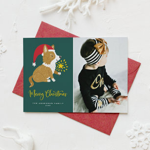 Handpainted Corgi Santa Hat Photo Christmas Holiday Card