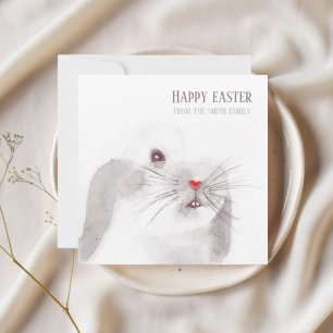 Handpainted cute watercolor easter bunny holiday card
