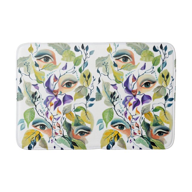 Handpainted Elegant Feminine Eyes Colourful Leaves Bath Mat (Front)
