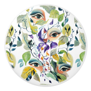 Handpainted Elegant Feminine Eyes Colourful Leaves Ceramic Knob