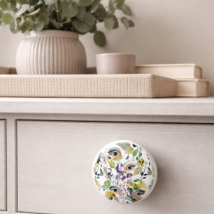 Handpainted Elegant Feminine Eyes Colourful Leaves Ceramic Knob