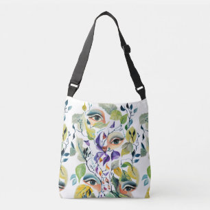 Handpainted Elegant Feminine Eyes Colourful Leaves Crossbody Bag