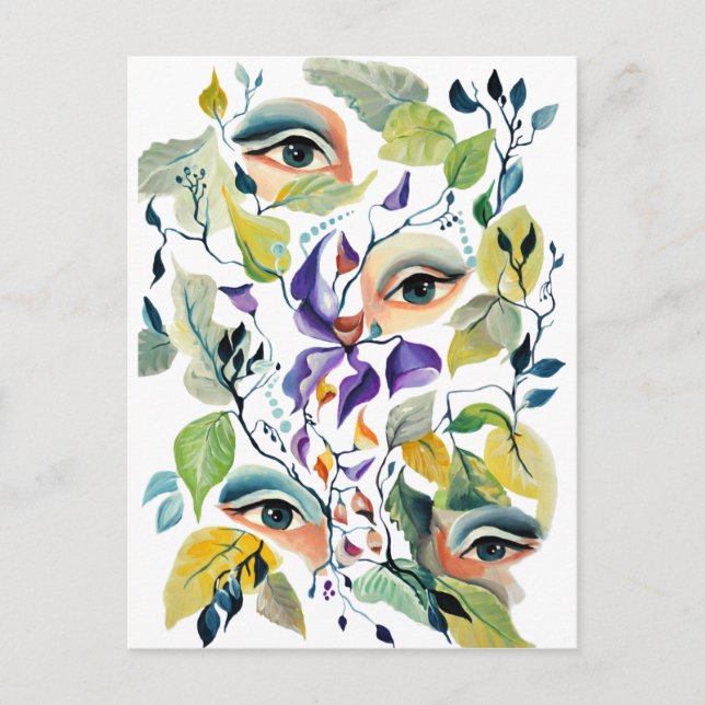Handpainted Elegant Feminine Eyes Colourful Leaves Postcard (Front)