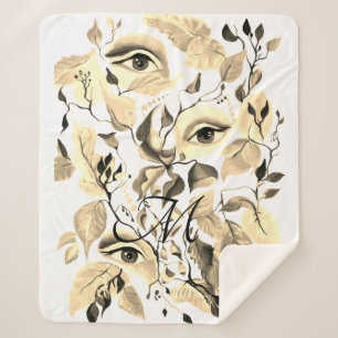 Handpainted Elegant Feminine Eyes Colourful Leaves Sherpa Blanket