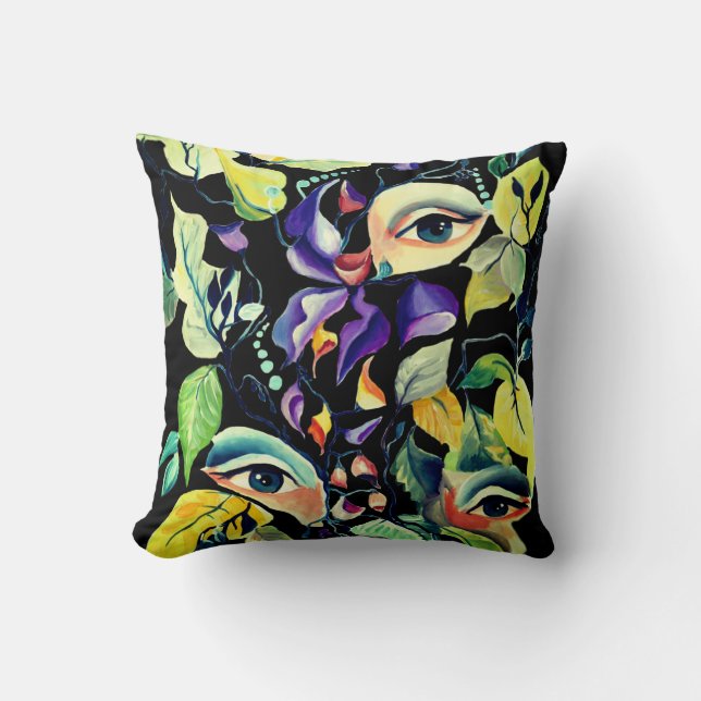 Handpainted Elegant Feminine Eyes Colourful Leaves Throw Pillow (Front)