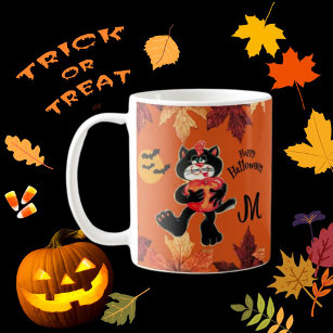 Handpainted Happy Halloween Cat Pumpkin Monogram Coffee Mug