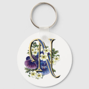 Handpainted Pansy Initial Monogram -  N Keychain