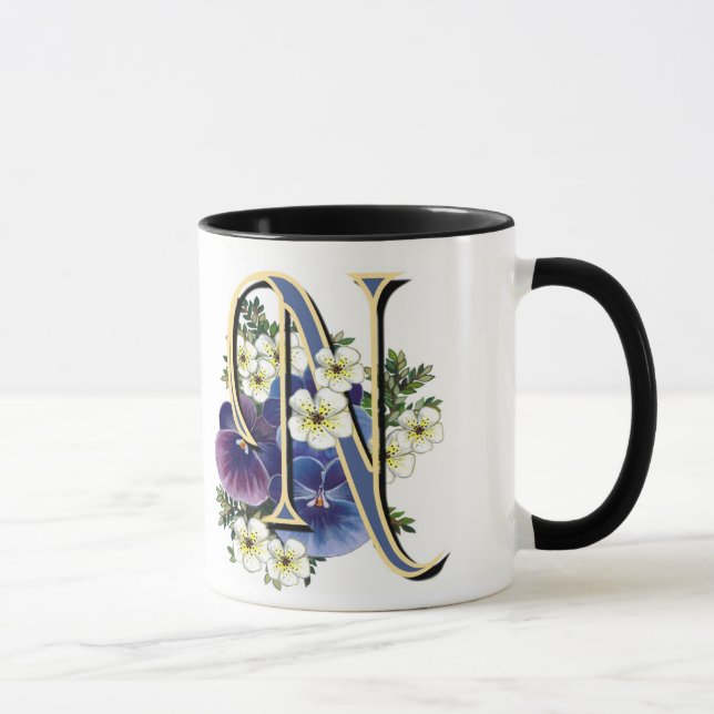 Handpainted Pansy Initial Monogram -  N Mug (Right)