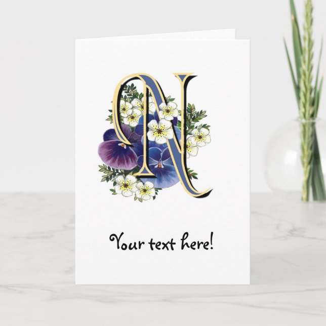 Handpainted Pansy Initial Monogram -  N Note Card (Front)