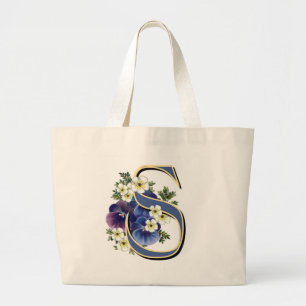 Handpainted Pansy Initial Monogram - S Large Tote Bag