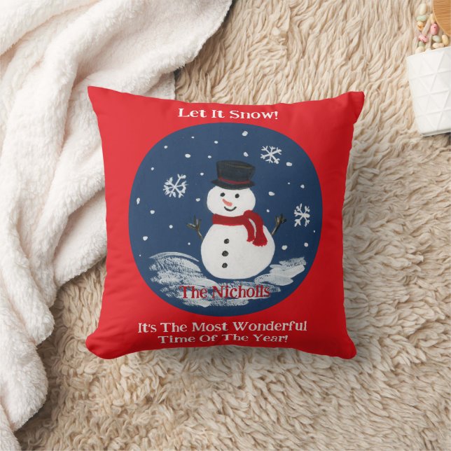 Handpainted Snowman PERSONALIZE message RED Throw Pillow (Blanket)