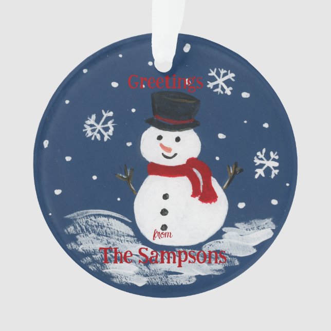 Handpainted Snowman PERSONALIZE Round Ornament (Front)