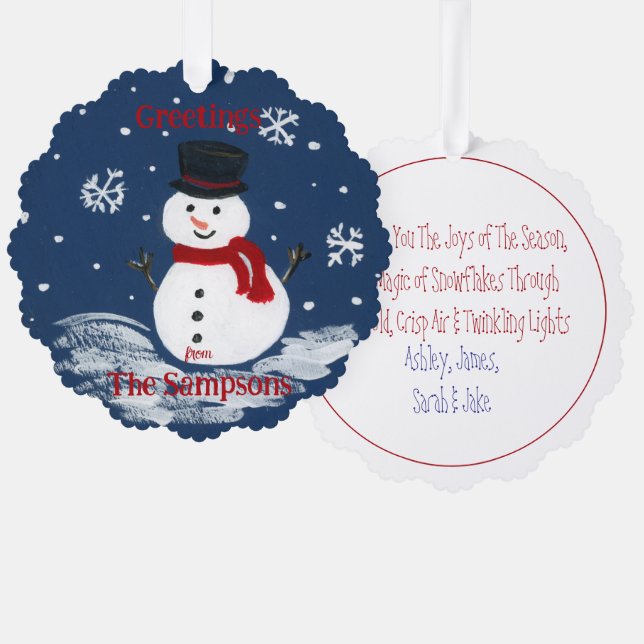 Handpainted Snowman PERSONALIZE Round Ornament Card (Front/Back)