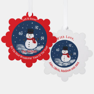 Handpainted Snowman RED Personalize Ornament Card