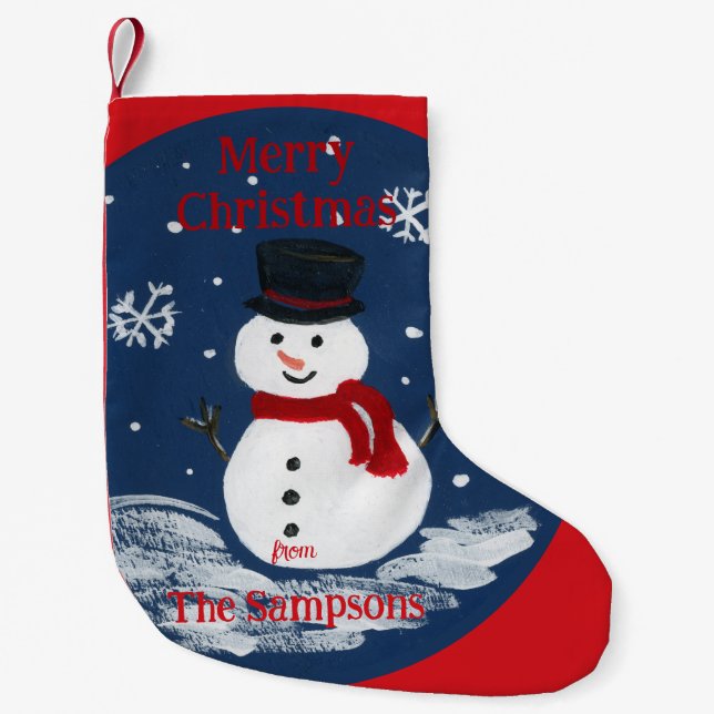 Handpainted Snowman Red PERSONALIZE  Small Christmas Stocking (Front)