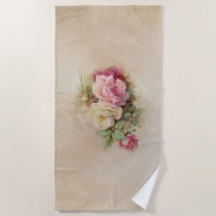 Handpainted Style Vintage Pink and White Roses Beach Towel