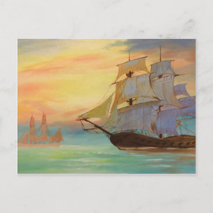 Handpainted Sunset Sailing Ships Nautical Art   Postcard