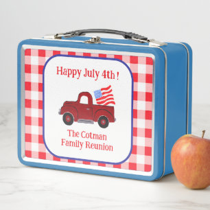 Handpainted Vintage Truck July 4th Flag Red Check Metal Lunch Box